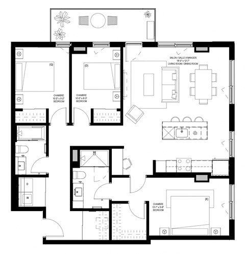 Floor plan for 3 beds, 2 baths, 1222 sqft